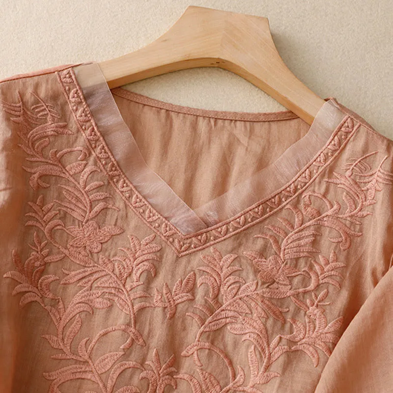 Buddha Stones Vintage Casual Pure Leaf Embroidery V-Neck Half Sleeve Cotton Linen Women's T-Shirt