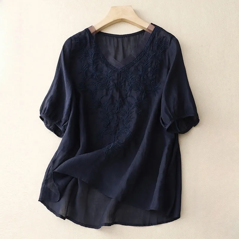 Buddha Stones Vintage Casual Pure Leaf Embroidery V-Neck Half Sleeve Cotton Linen Women's T-Shirt