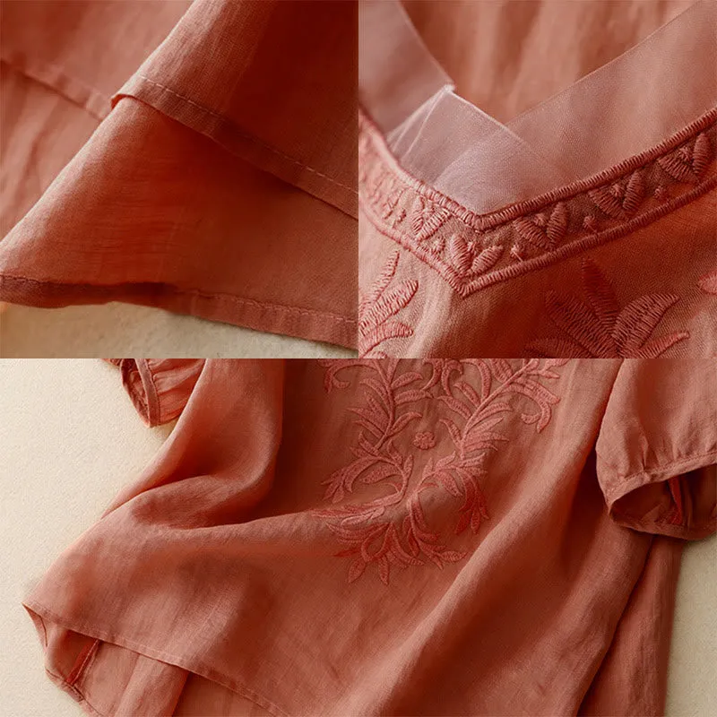 Buddha Stones Vintage Casual Pure Leaf Embroidery V-Neck Half Sleeve Cotton Linen Women's T-Shirt