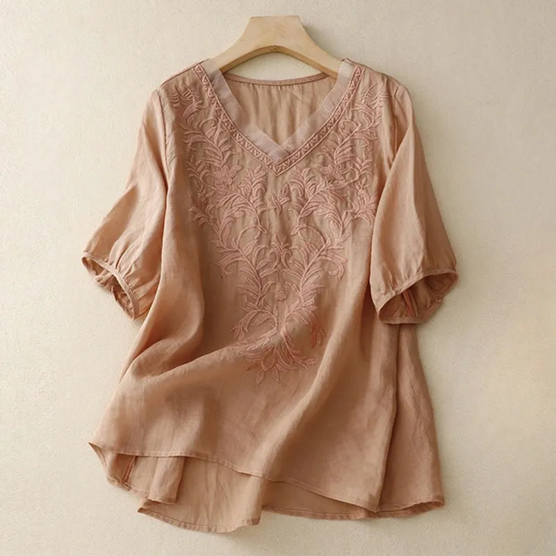 Buddha Stones Vintage Casual Pure Leaf Embroidery V-Neck Half Sleeve Cotton Linen Women's T-Shirt