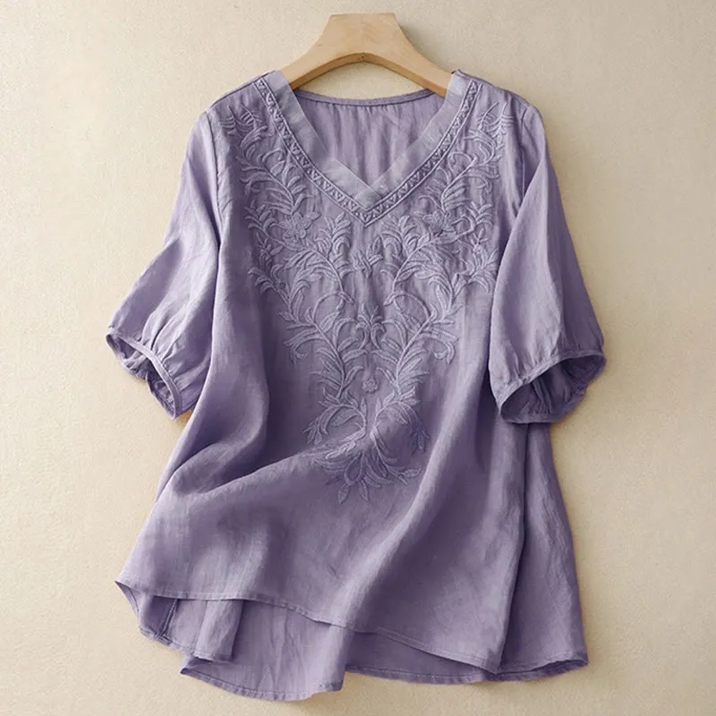 Buddha Stones Vintage Casual Pure Leaf Embroidery V-Neck Half Sleeve Cotton Linen Women's T-Shirt