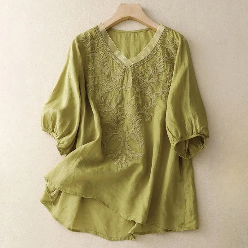 Buddha Stones Vintage Casual Pure Leaf Embroidery V-Neck Half Sleeve Cotton Linen Women's T-Shirt