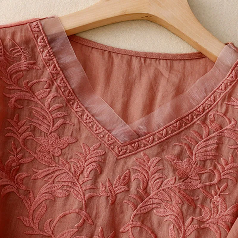 Buddha Stones Vintage Casual Pure Leaf Embroidery V-Neck Half Sleeve Cotton Linen Women's T-Shirt