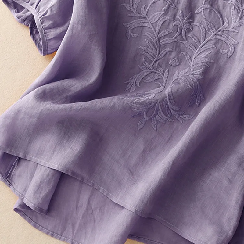Buddha Stones Vintage Casual Pure Leaf Embroidery V-Neck Half Sleeve Cotton Linen Women's T-Shirt