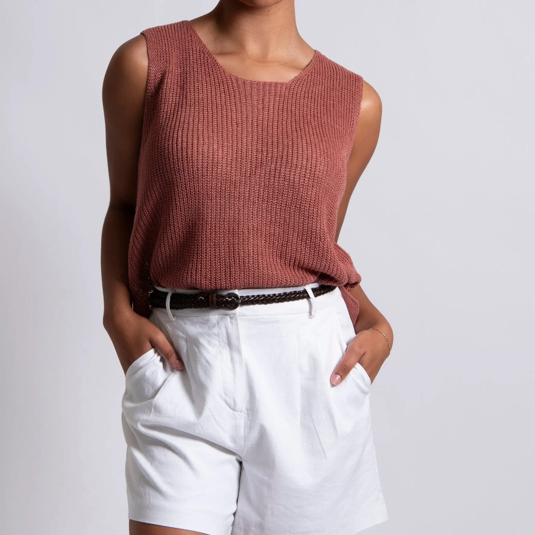 Button Back Sleeveless Top - Terracotta