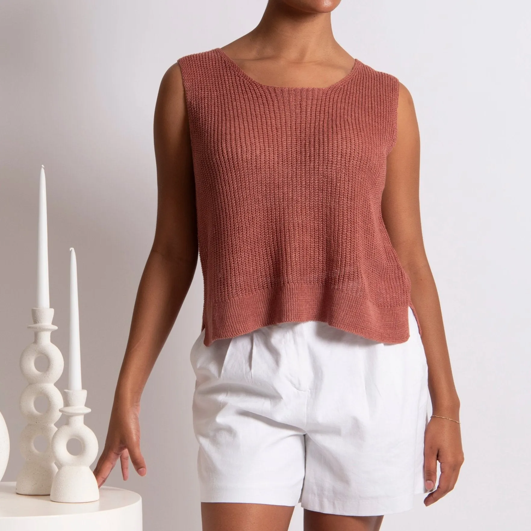 Button Back Sleeveless Top - Terracotta