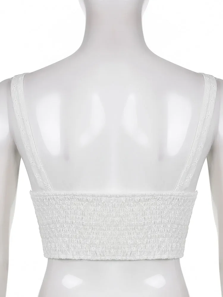 Button Up Crop Top Women Hollow Out Floral Kawaii Tank Tops