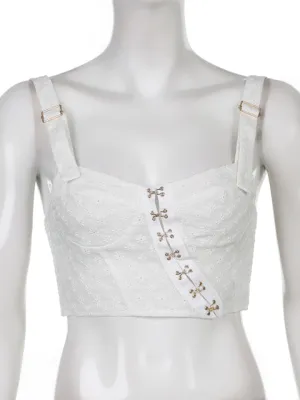 Button Up Crop Top Women Hollow Out Floral Kawaii Tank Tops