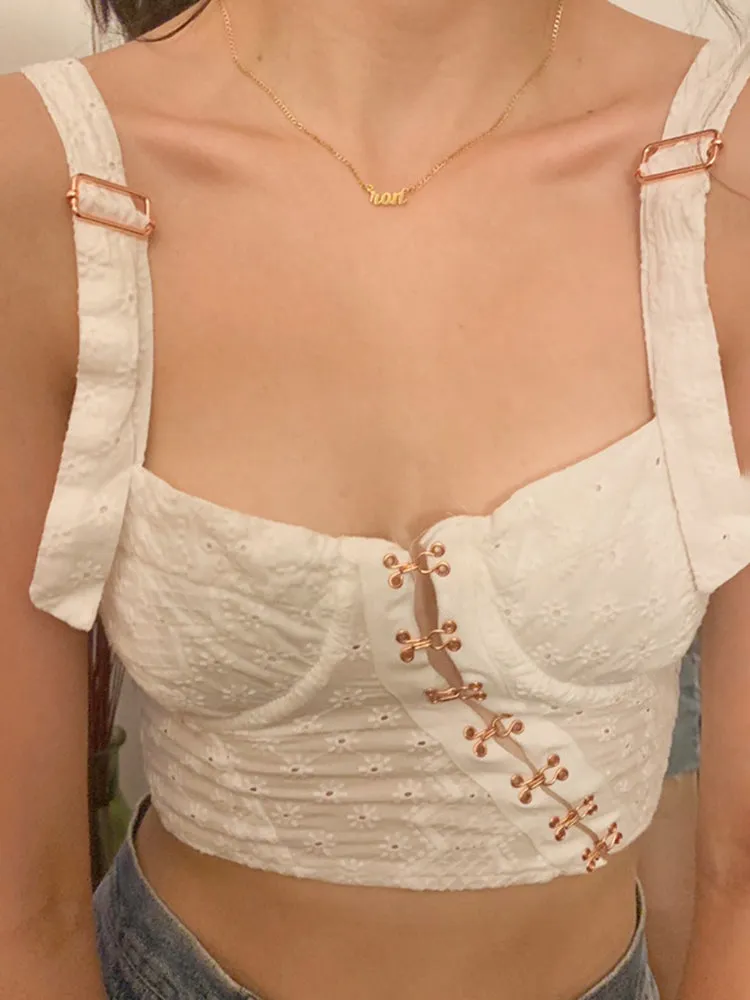 Button Up Crop Top Women Hollow Out Floral Kawaii Tank Tops