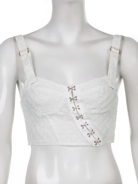 Button Up Crop Top Women Hollow Out Floral Kawaii Tank Tops
