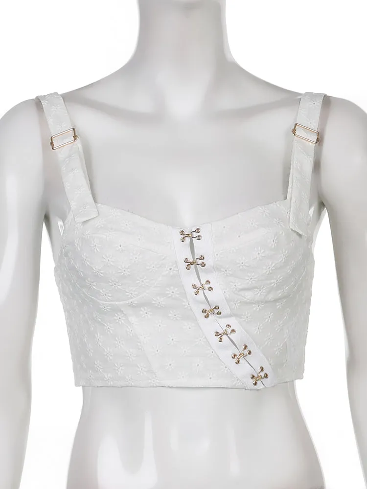 Button Up Crop Top Women Hollow Out Floral Kawaii Tank Tops