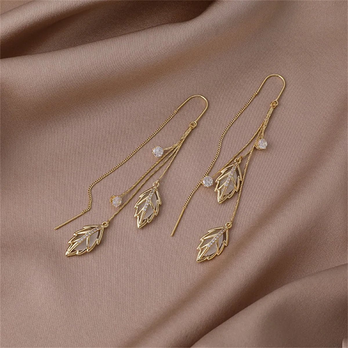 Cats Eye & 18K Gold-Plated Double Leaf Ear Threader Earrings