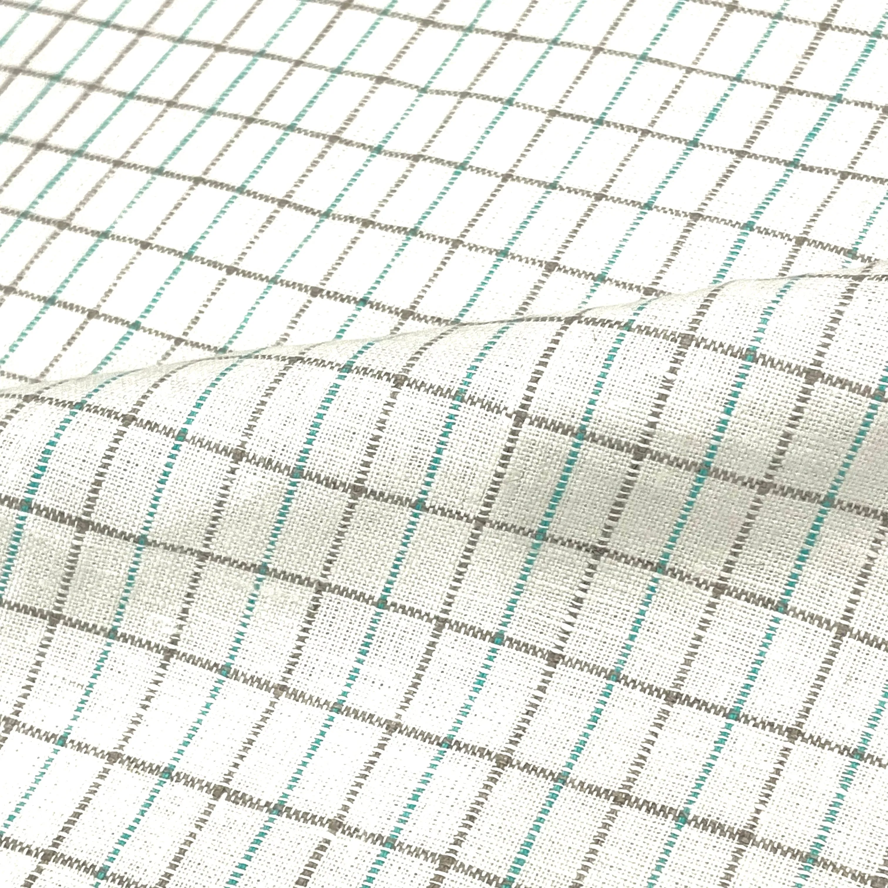 Checker Beige & Green 100% Natural Linen Fabric By The Yard/CL1081