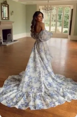 Chic Strapless Off the Shoulder Floral Printed Prom Dresses