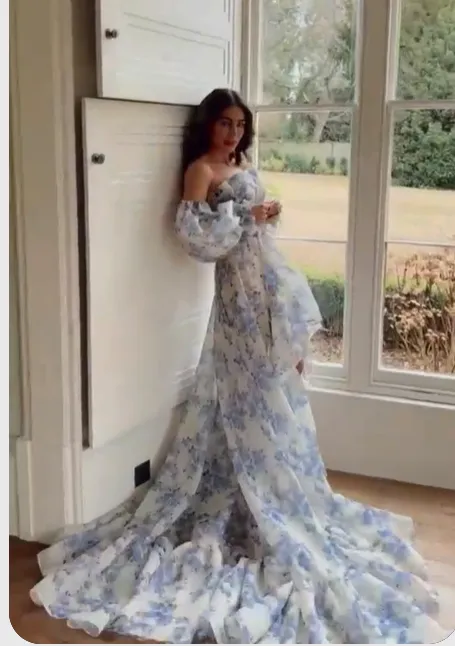 Chic Strapless Off the Shoulder Floral Printed Prom Dresses
