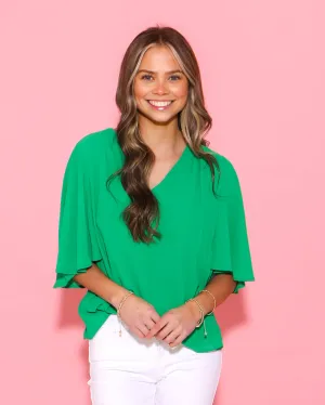 Chiffon Bell Sleeve Top in Emerald