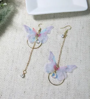 Chiffon Realistic Butterfly Earrings, Dangle Chain Drop Earrings, Asymmetric Chiffon Butterfly Earrings