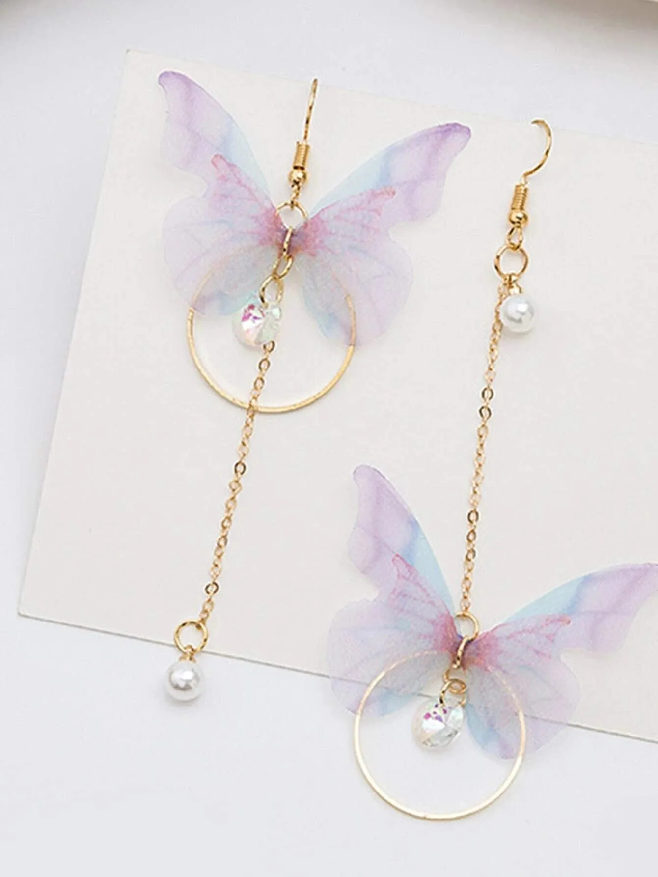 Chiffon Realistic Butterfly Earrings, Dangle Chain Drop Earrings, Asymmetric Chiffon Butterfly Earrings