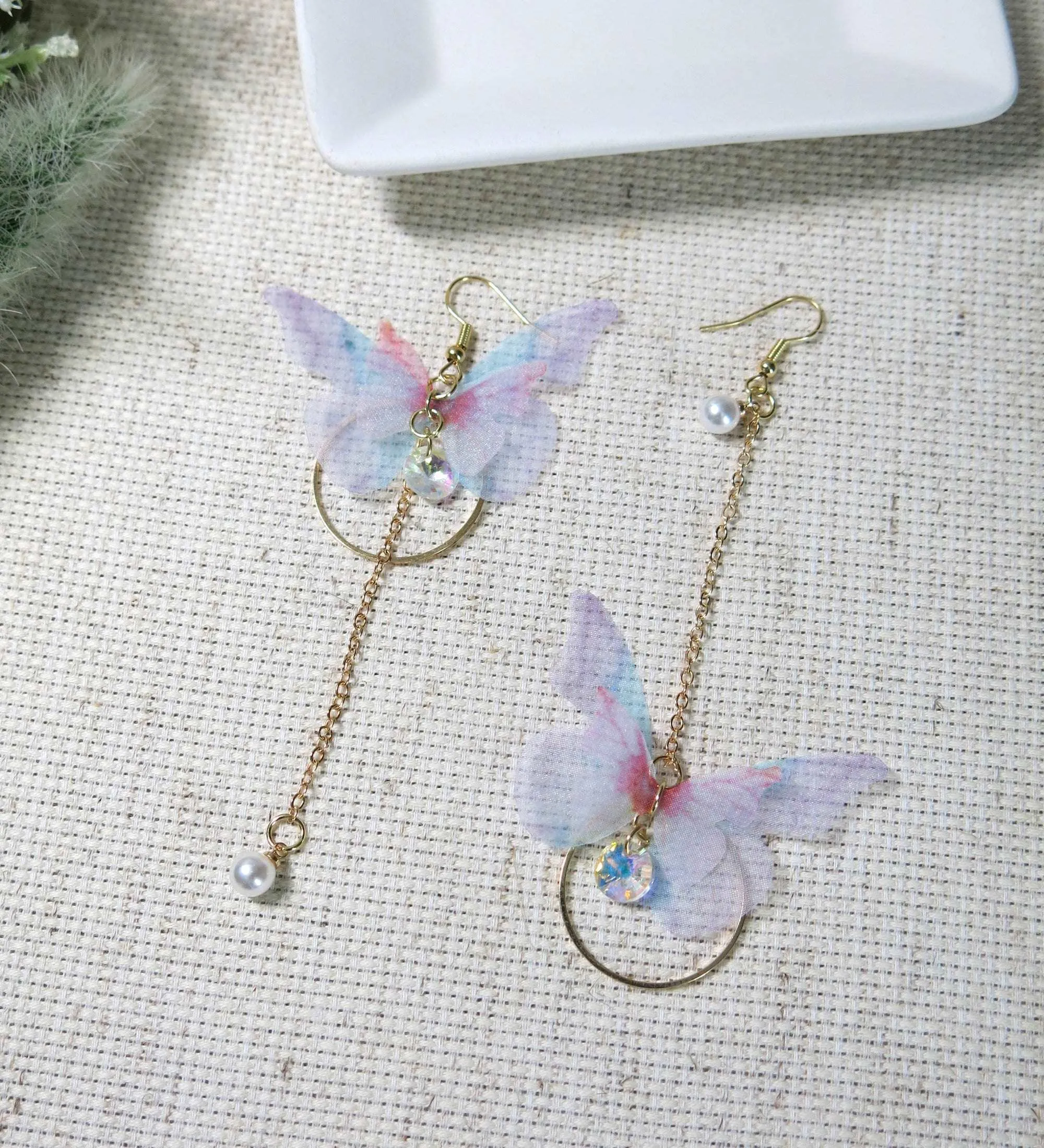 Chiffon Realistic Butterfly Earrings, Dangle Chain Drop Earrings, Asymmetric Chiffon Butterfly Earrings