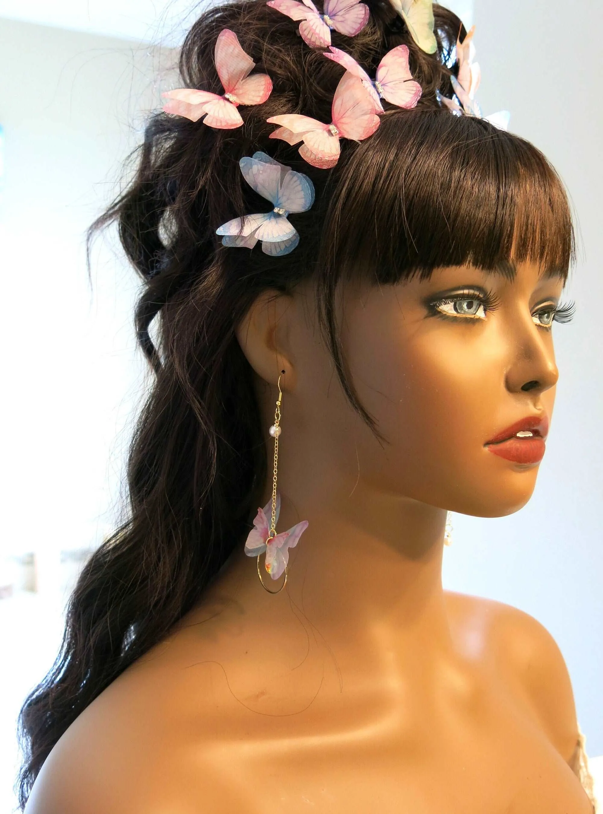 Chiffon Realistic Butterfly Earrings, Dangle Chain Drop Earrings, Asymmetric Chiffon Butterfly Earrings
