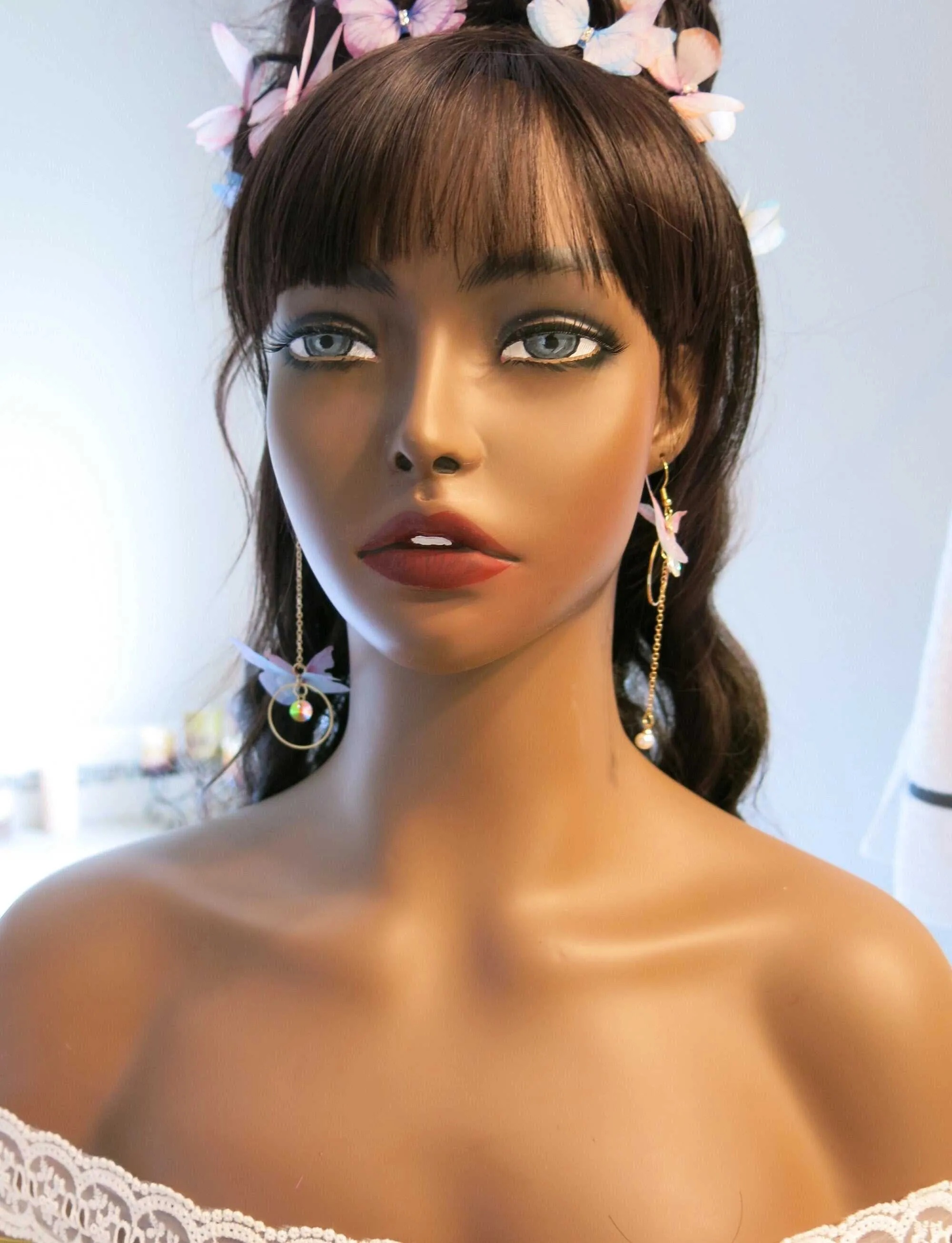 Chiffon Realistic Butterfly Earrings, Dangle Chain Drop Earrings, Asymmetric Chiffon Butterfly Earrings