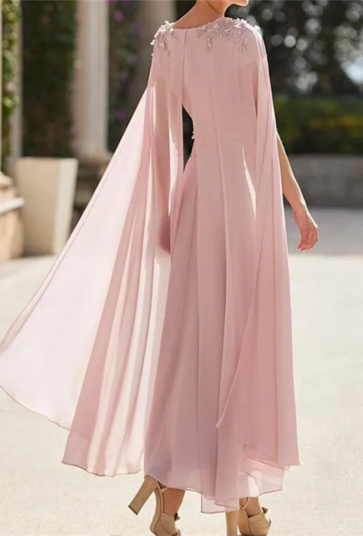Chiffon Tea Length V Neck Mother of The Bride Dress with Capes