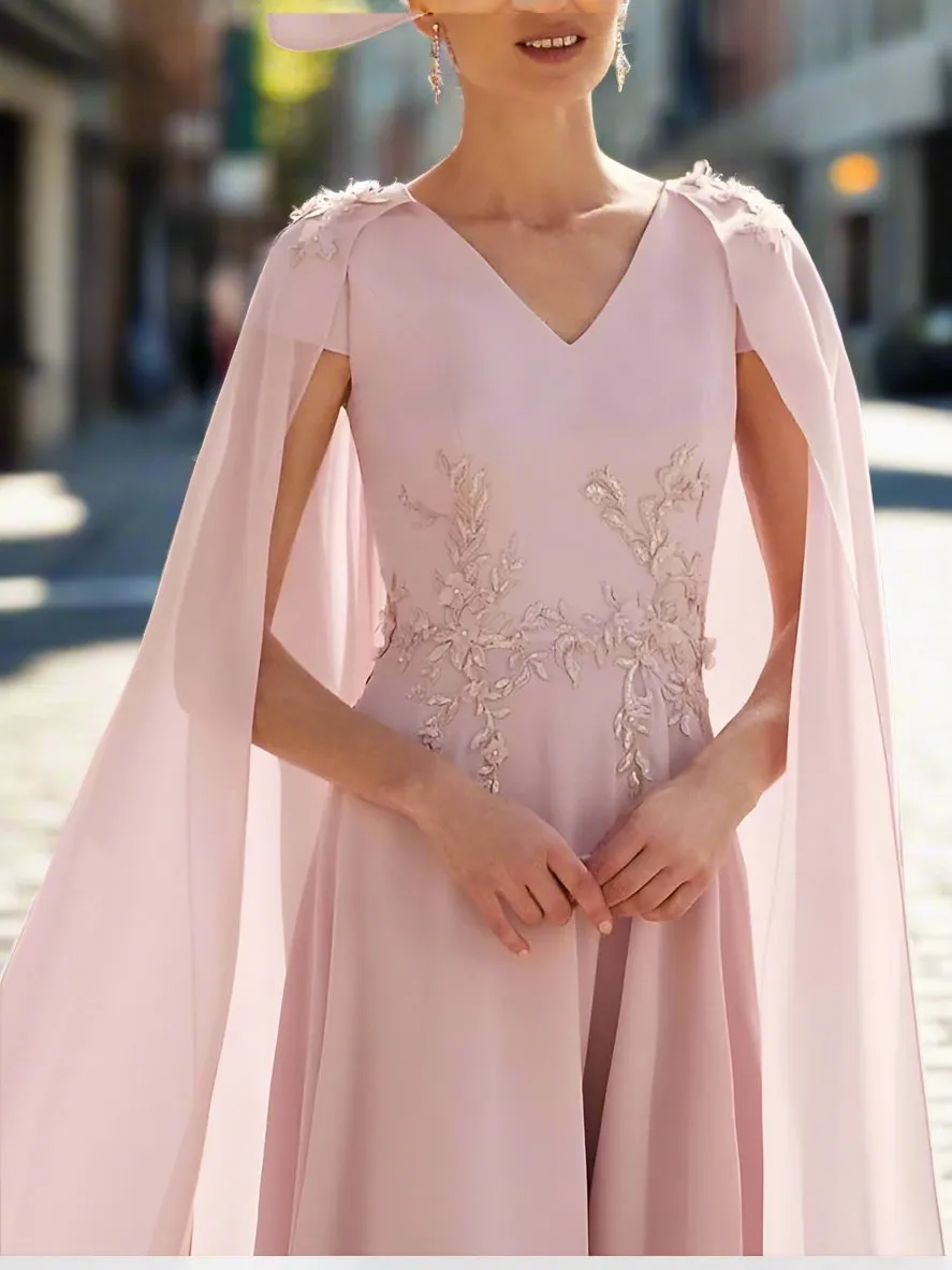 Chiffon Tea Length V Neck Mother of The Bride Dress with Capes