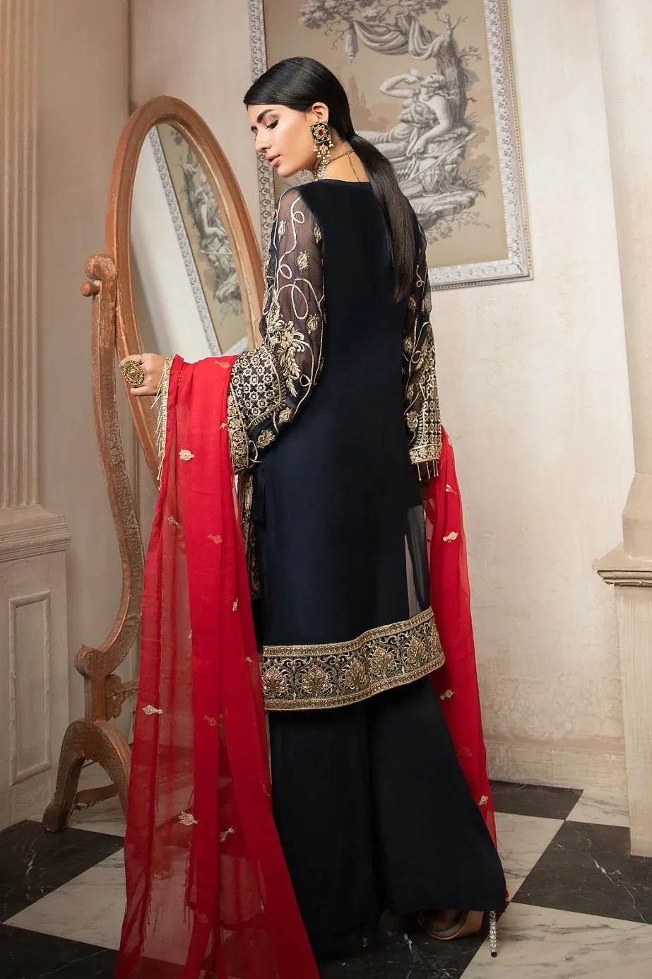 Classic Black And Red Combination Dress In Chiffon # CA120