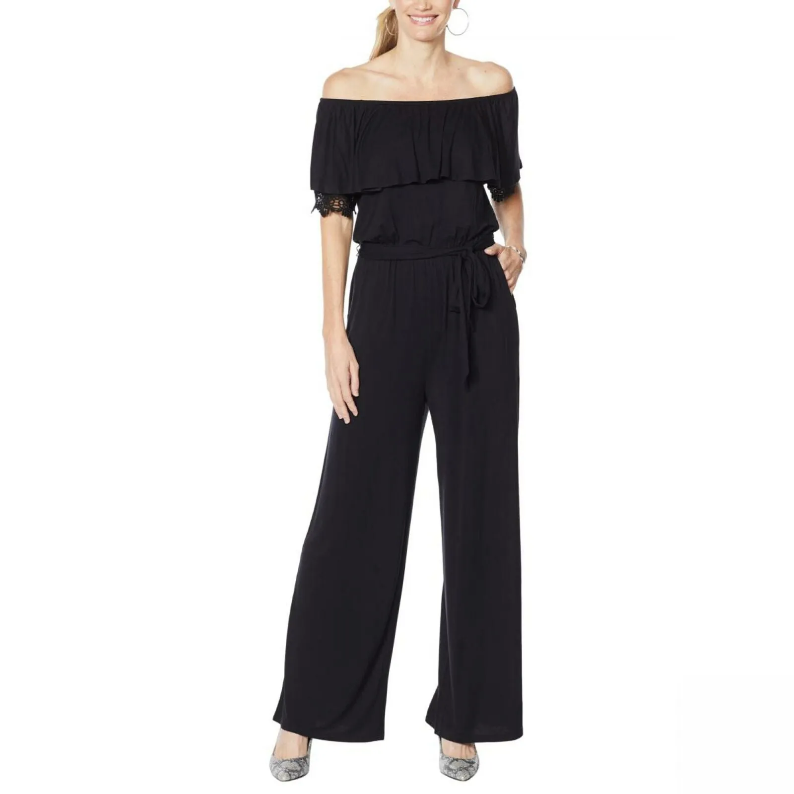 Colleen Lopez Women's Off the Shoulder Jumpsuit With Lace Detail Black Large