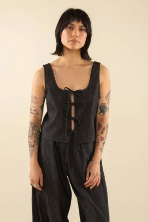 Cotton Blend Black Denim Tie Top