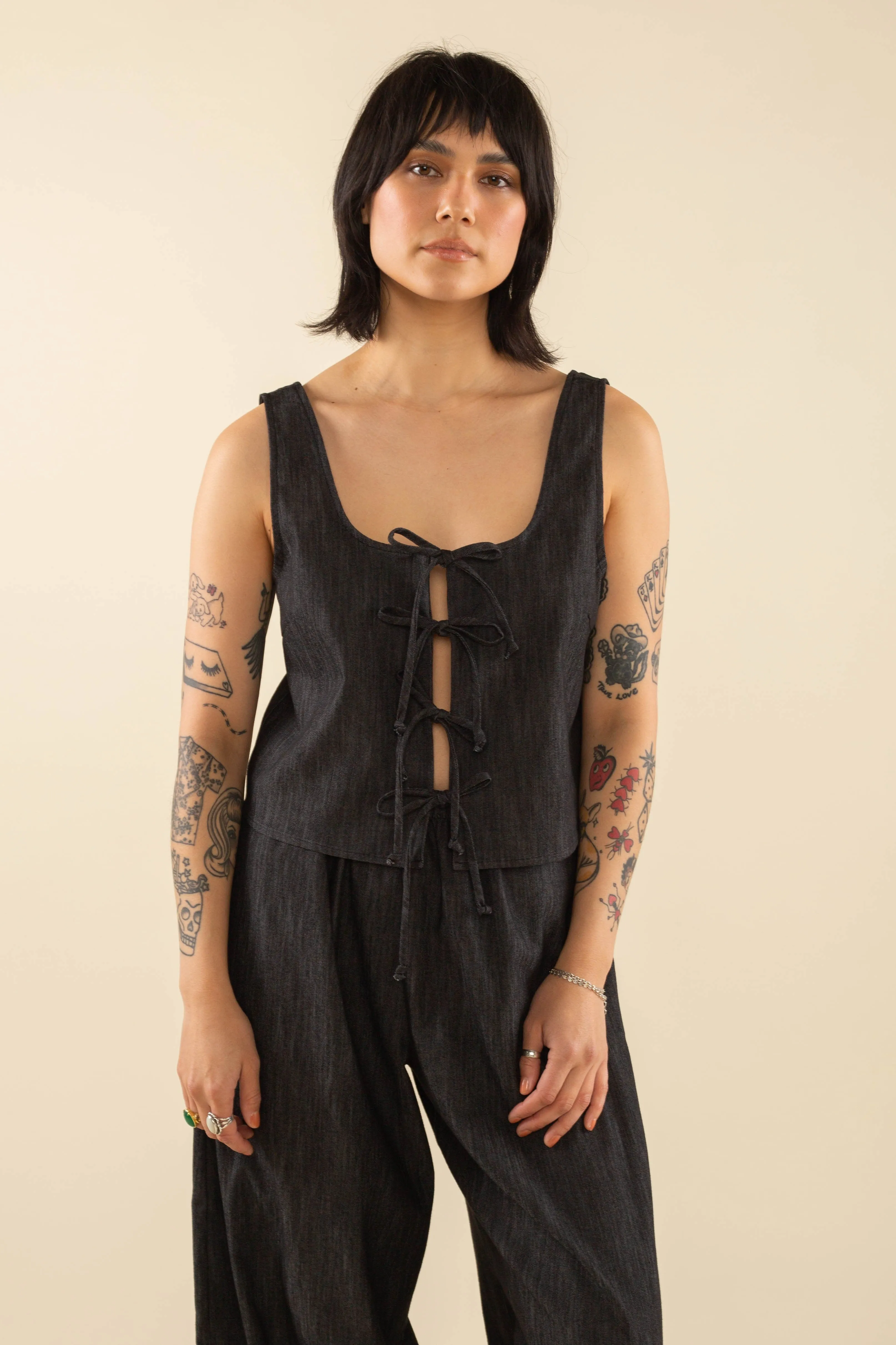 Cotton Blend Black Denim Tie Top
