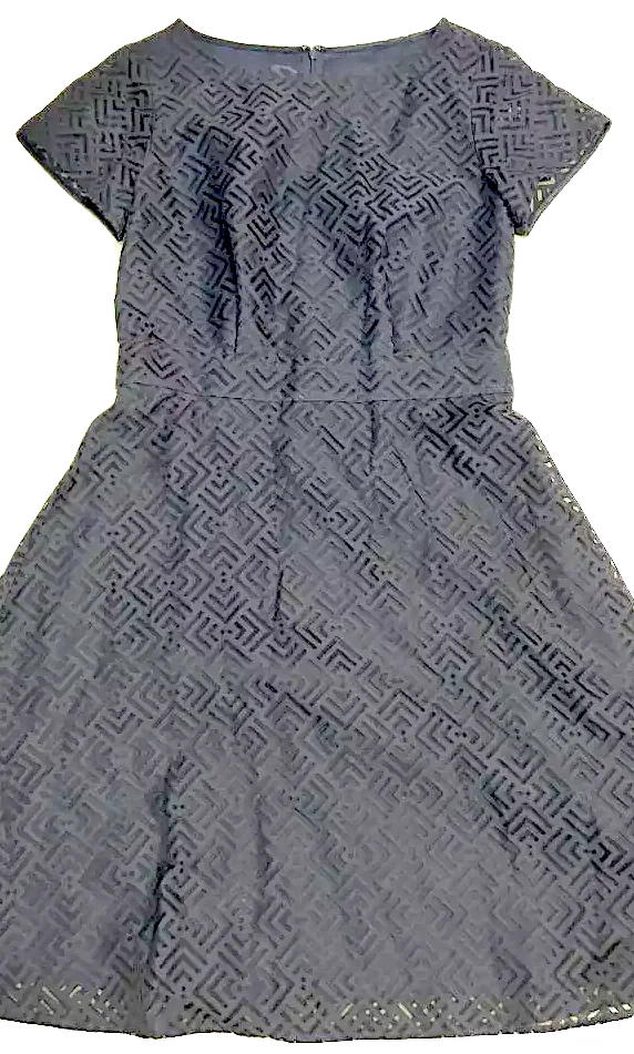 Courreges Paris. Vintage Black Geometric Design Flare Dress, Lined Under the Sheer Geometric Pattern