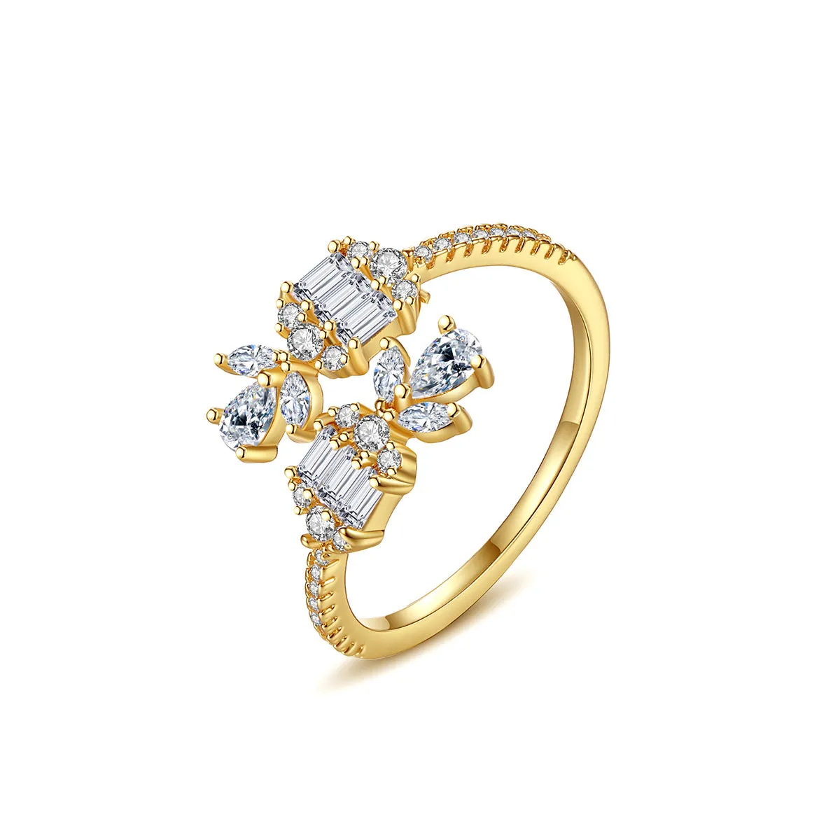 Crystal & Cubic Zirconia 18K Gold-Plated Botanical Bypass Ring