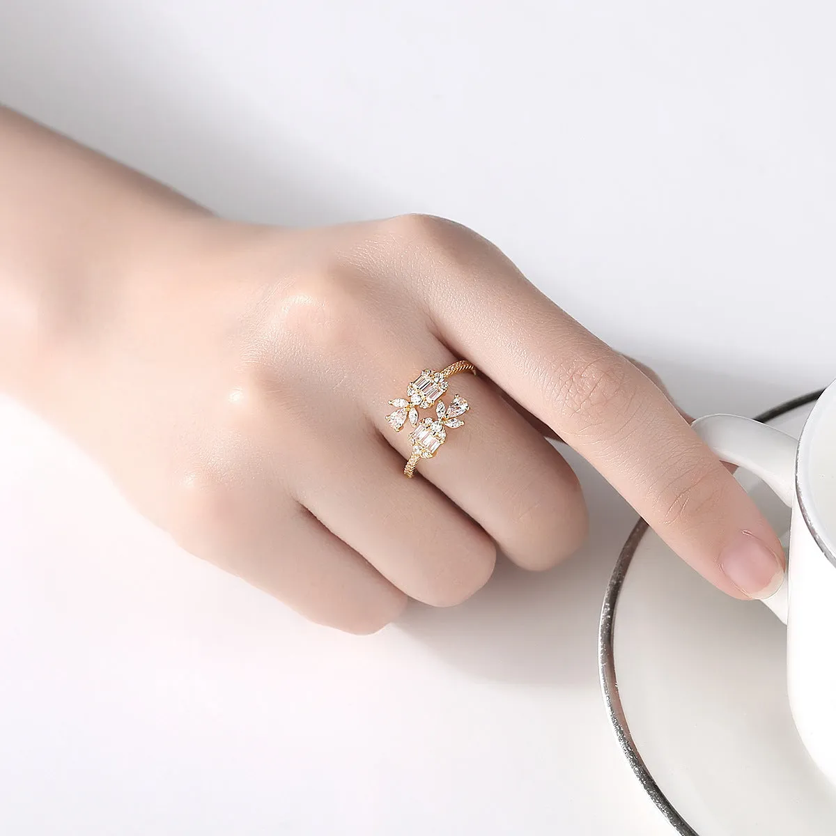 Crystal & Cubic Zirconia 18K Gold-Plated Botanical Bypass Ring