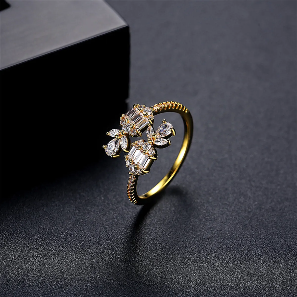 Crystal & Cubic Zirconia 18K Gold-Plated Botanical Bypass Ring