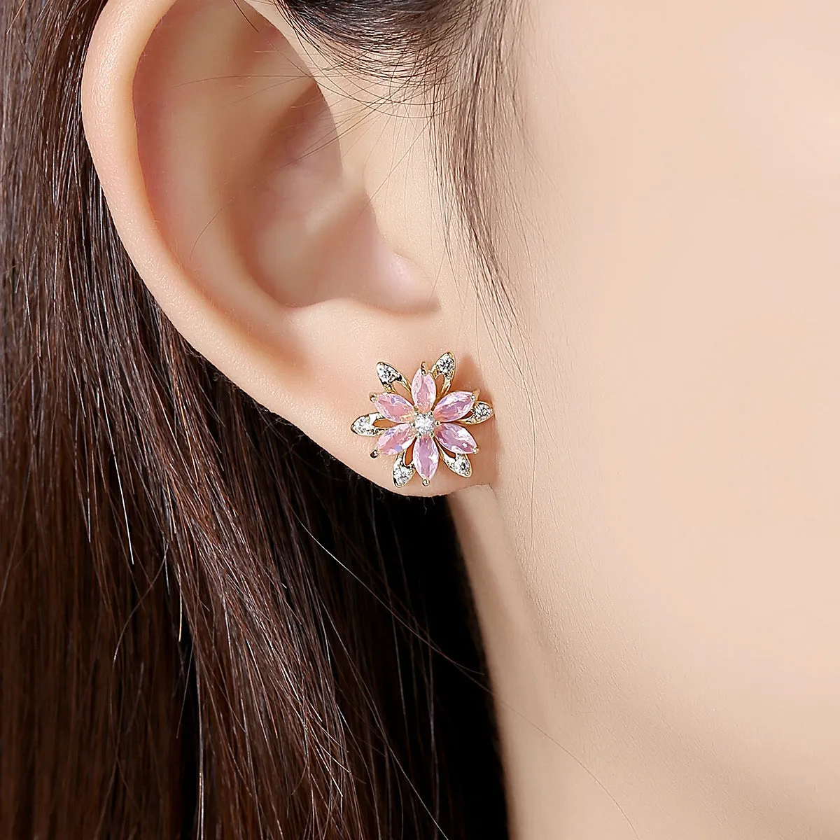 Crystal & Cubic Zirconia Lotus Flower Stud Earrings