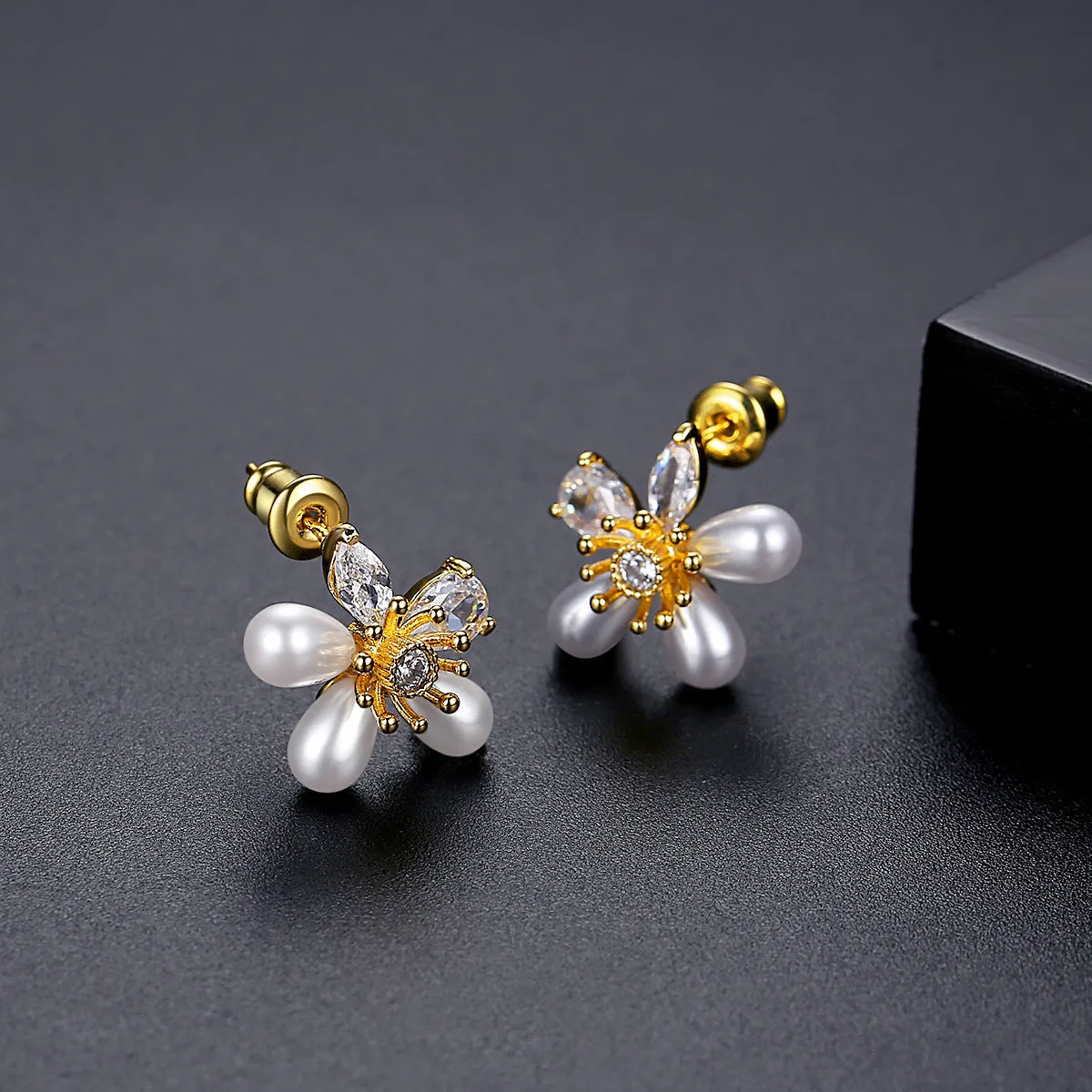Crystal & Pearl 18K Gold-Plated Flower Stud Earrings