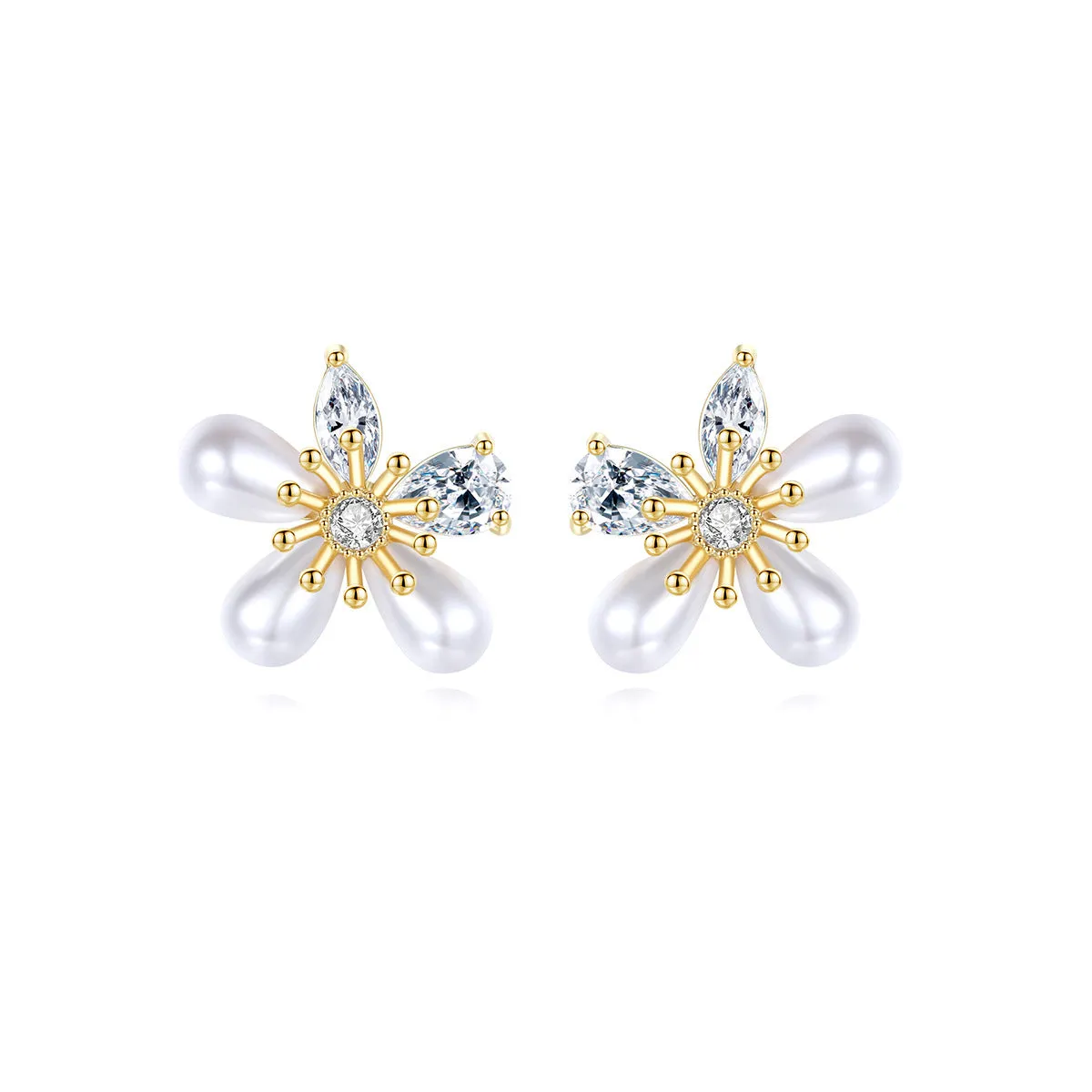 Crystal & Pearl 18K Gold-Plated Flower Stud Earrings