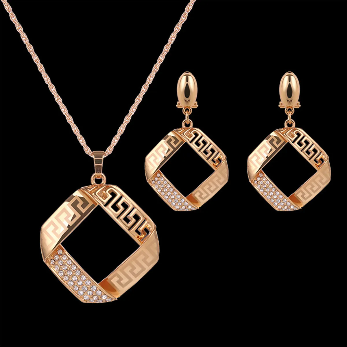 Cubic Zirconia & 18K Gold-Plated Geometric Pendant Necklace & Drop Earrings
