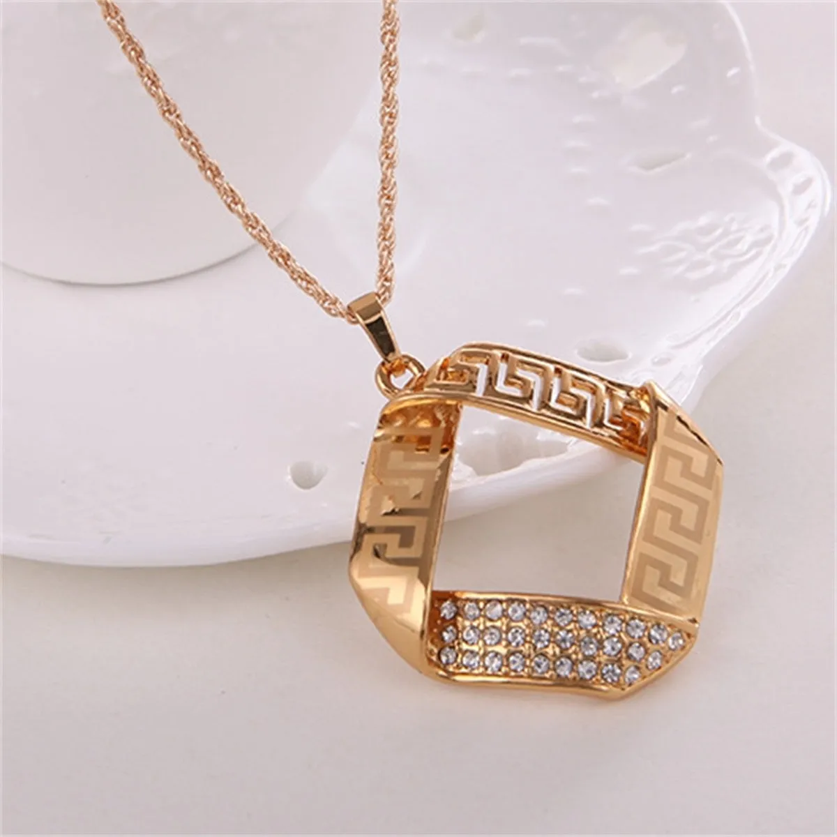 Cubic Zirconia & 18K Gold-Plated Geometric Pendant Necklace & Drop Earrings