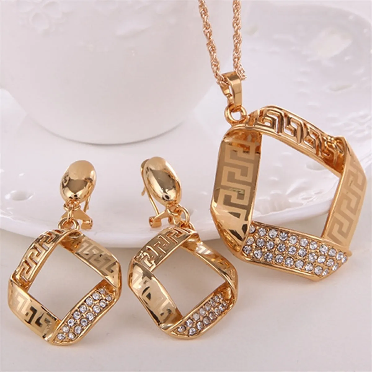 Cubic Zirconia & 18K Gold-Plated Geometric Pendant Necklace & Drop Earrings