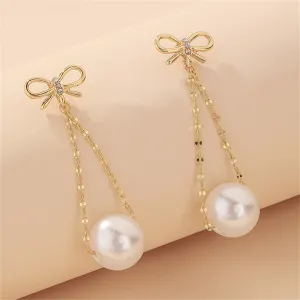Cubic Zirconia & Pearl 18K Gold-Plated Bow Chain Drop Earrings