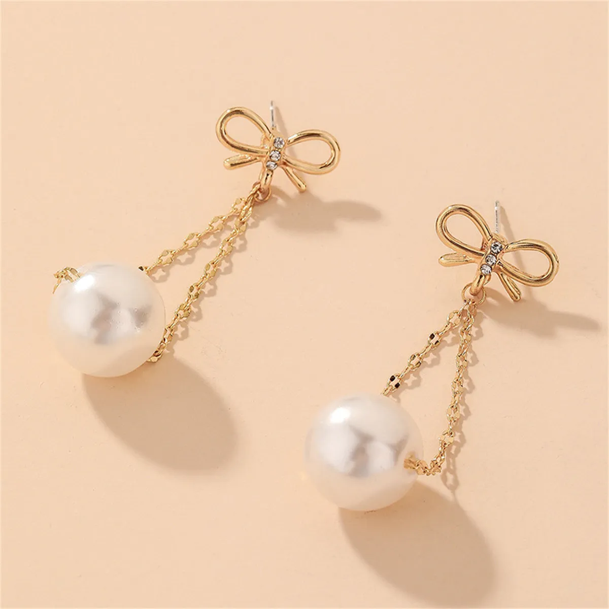 Cubic Zirconia & Pearl 18K Gold-Plated Bow Chain Drop Earrings