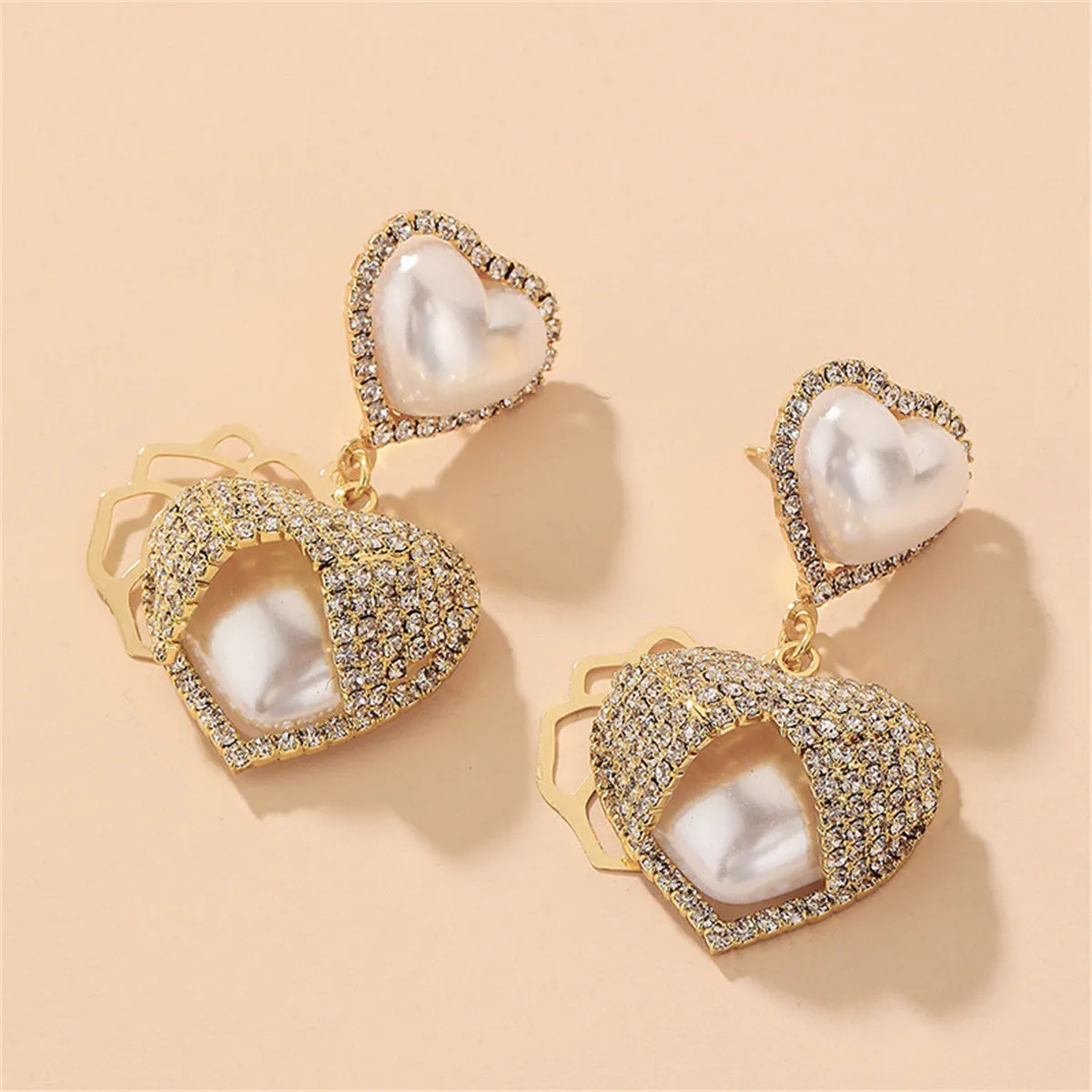 Cubic Zirconia & Pearl 18K Gold-Plated Double Heart Drop Earrings