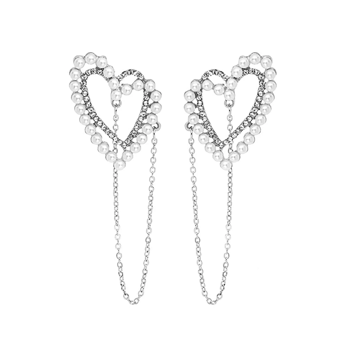 Cubic Zirconia & Pearl Silver-Plated Heart Chain Drop Earring