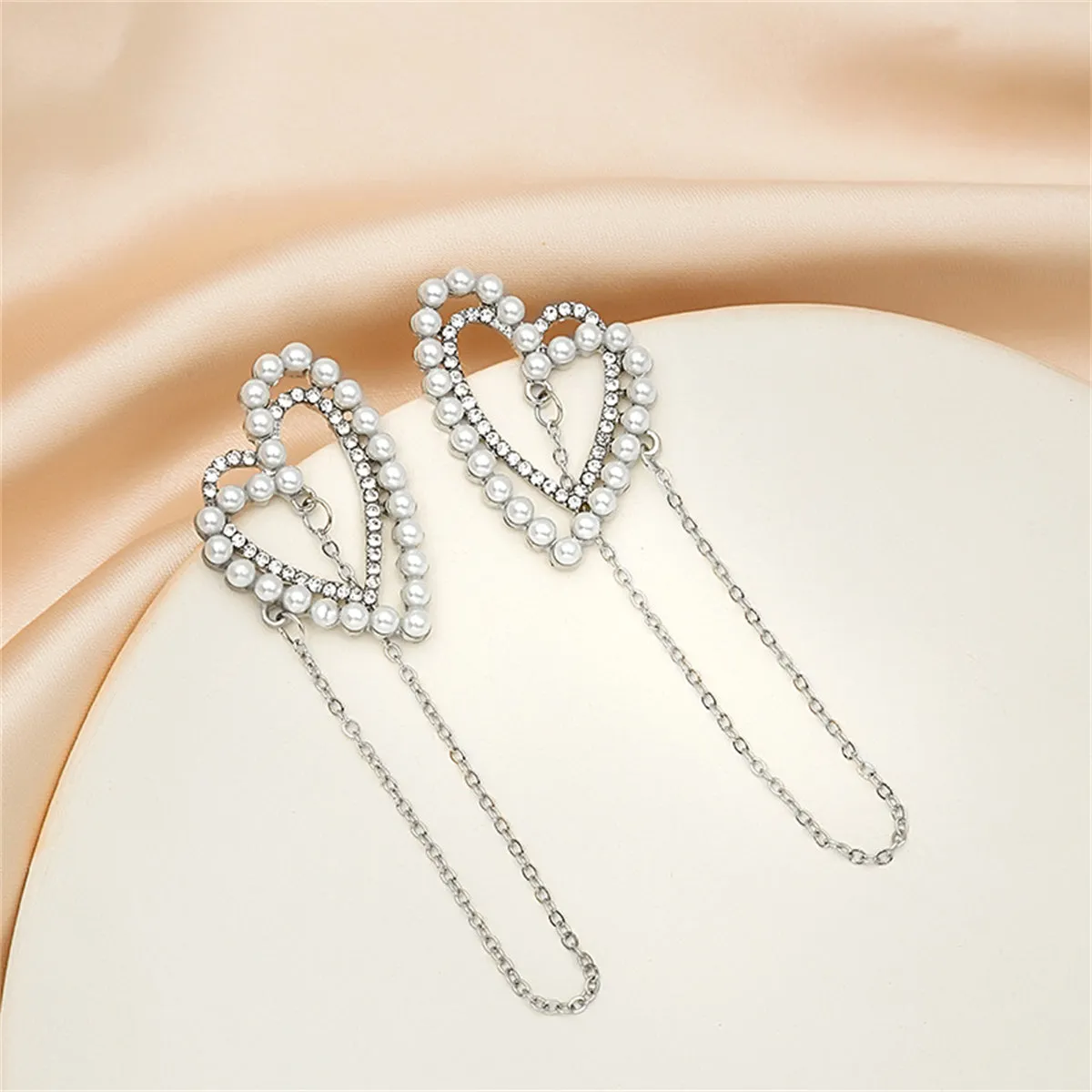 Cubic Zirconia & Pearl Silver-Plated Heart Chain Drop Earring