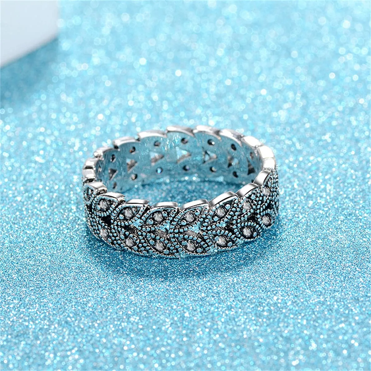 Cubic Zirconia & Silver-Plated Leaves Band Ring