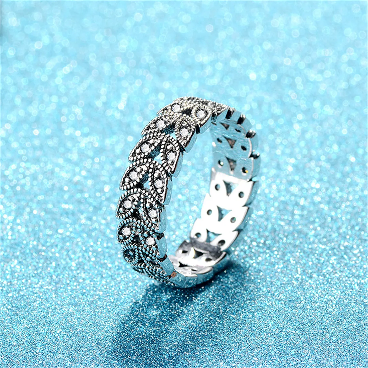 Cubic Zirconia & Silver-Plated Leaves Band Ring