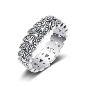 Cubic Zirconia & Silver-Plated Leaves Band Ring