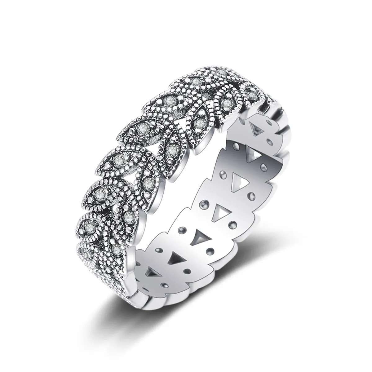 Cubic Zirconia & Silver-Plated Leaves Band Ring